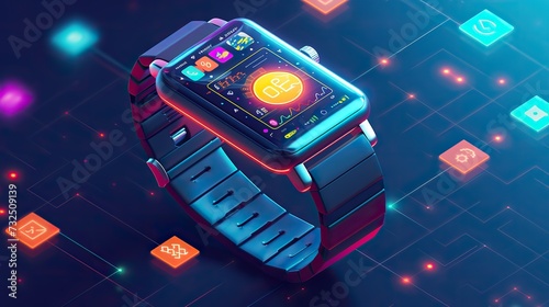 A cutting-edge smartwatch displaying a vibrant and interactive interface, set against a backdrop of glowing digital icons. photo