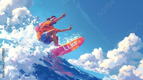 An animated person surfing a vibrant, stylized wave, with a surfboard labeled "Like", symbolizing social media engagement.