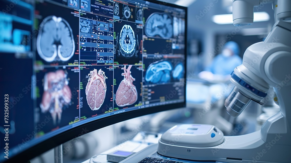 A medical imaging workstation with multiple displays showing detailed
