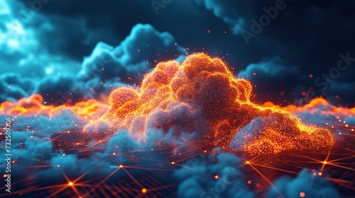 An abstract representation of cloud computing, depicted as a particle system forming cloud shapes over a network grid, highlighting the concept of distributed computing. photo