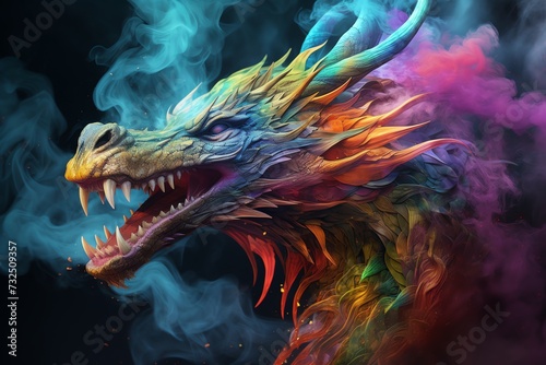 Smoke dragon. Vivid, swirling smoke forms a colossal dragon. Vibrant colors shape this mystical creature