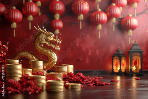 Vibrant Chinese New Year banner with space for text, featuring red background, lanterns, dragon, and gold coins.