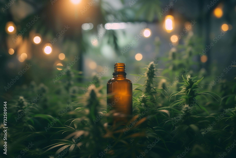Cannabis oil bottle in marijuana grow house or factory, trends in cannabis therapy Cannabis oil bottle in marijuana grow house or factory, trends in cannabis therapy