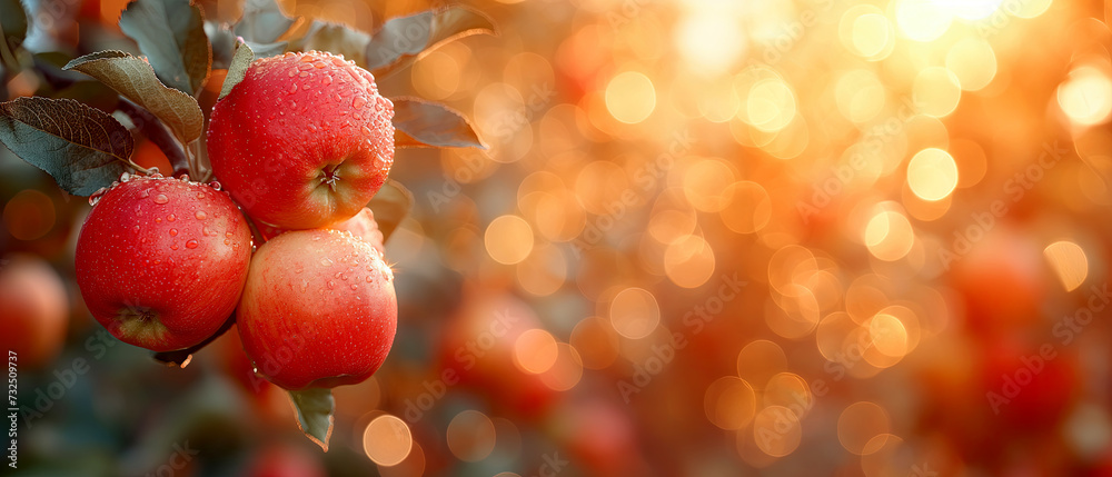 Red apples on the tree are ready to be picked in the rays of the sunset. Ripe red apples in an apple orchard. Copy space for text. Red apples on the tree are ready to be picked in the rays of the sunset. Ripe red apples in an apple orchard. Copy space for text.