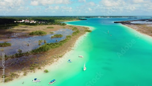 Aerial Drone footage of the Pirate Channel of Bacalar Quintana roo,
Cancun, in Riviera Maya, Mexico
Lagoon of seven colors aerial view. photo