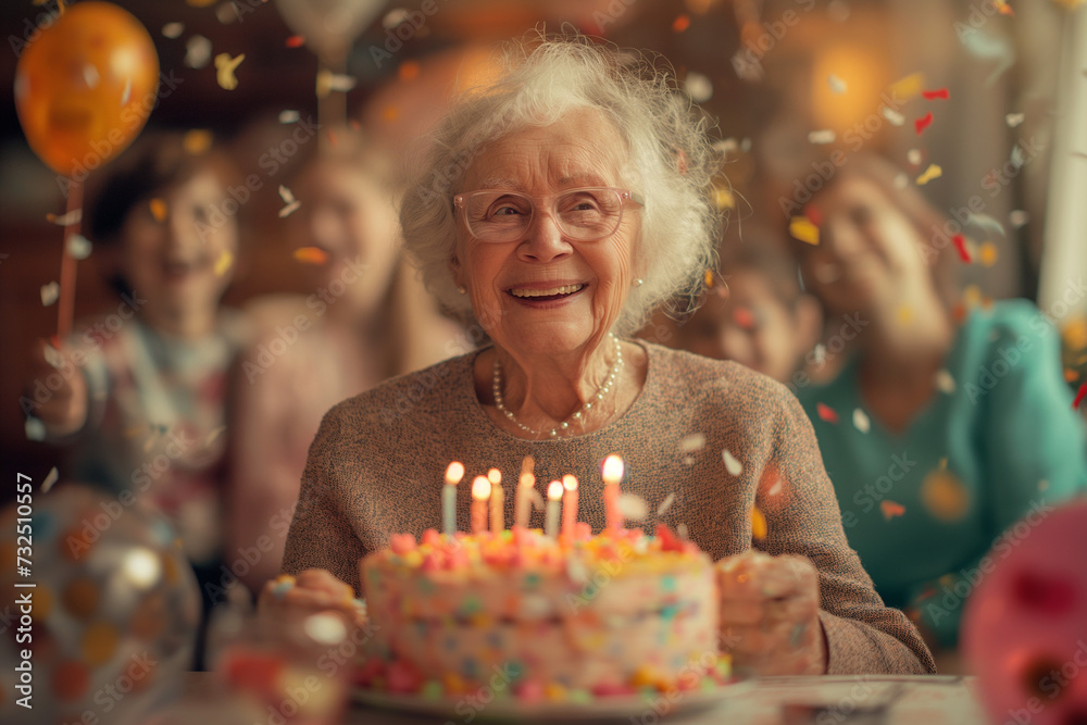 Birthday party, beautiful elderly woman celebrating years of life, lots of joy, sweets and cakes Birthday party, beautiful elderly woman celebrating years of life, lots of joy, sweets and cakes
