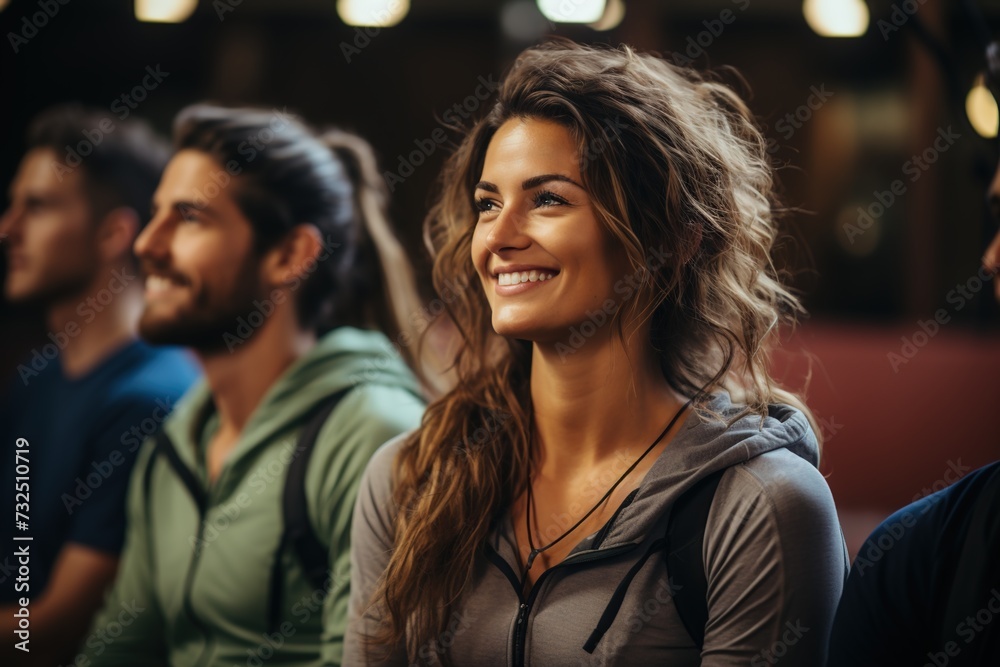 Obraz premium With bright smiles and genuine laughter, a group of friends in sportswear come together, epitomizing the joy and companionship found in pursuing fitness and wellness activities
