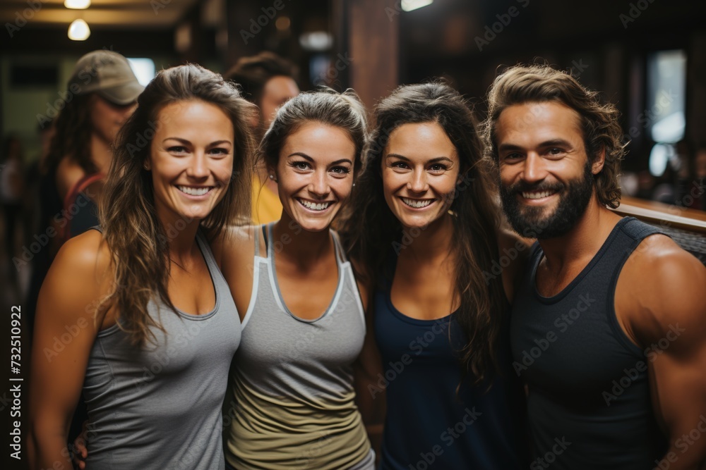 With infectious laughter and warm smiles, a group of friends in sportswear enjoys each other's company, embodying the spirit of friendship and camaraderie in their active lifestyle