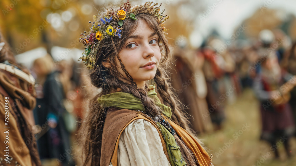 Young Maiden with Flower Crown at Renaissance Faire. Generative AI