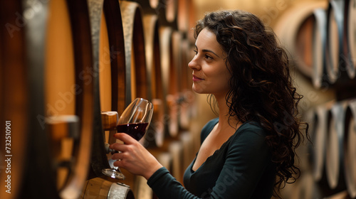 Woman doing wine tasting while drinking a glass of wine in a wine cellar among barrels in a vineyard. A dark-haired female sommelier enjoys a relaxing drink. Bokeh effect, AI generated.