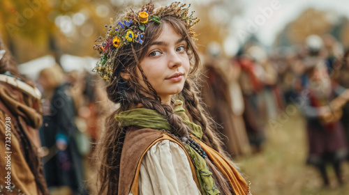 Young Maiden with Flower Crown at Renaissance Faire. Generative AI
