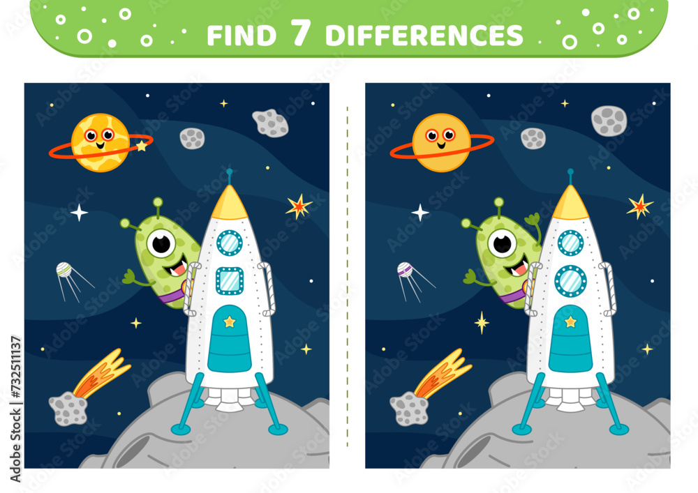 Rocket on the Moon with green alien. Find 7 differences. Space game. Flat, cartoon, vector