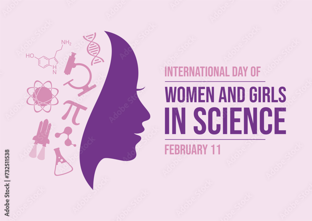 International Day of Women and Girls in Science poster vector illustration. Female scientist icon set. Woman face in profile purple silhouette. Template for banner, card, poster. February 11