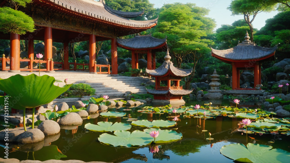 Fototapeta premium an asian garden with lots of water lillies