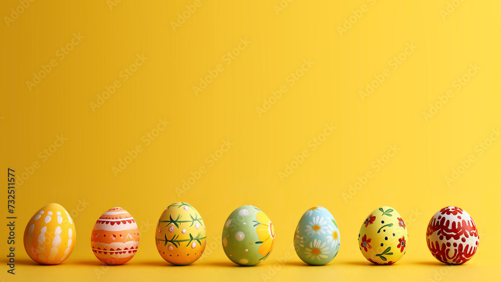 A row of colouful painted Easter eggs against ayellow background. Easter / spring theme with copy space for text A row of colouful painted Easter eggs against ayellow background. Easter / spring theme with copy space for text