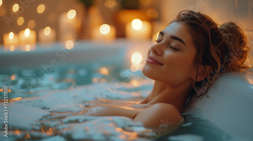 Beautiful young woman relaxing in a bath surrounded by candles photo