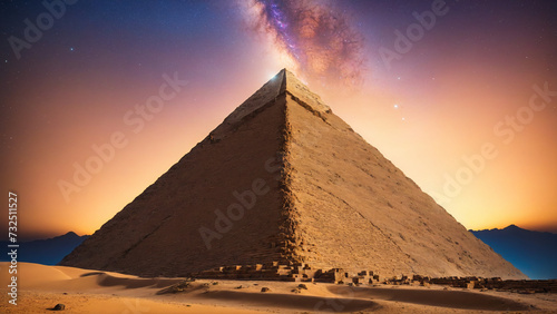 an amazing view of a great pyramid with space and stars in the sky photo