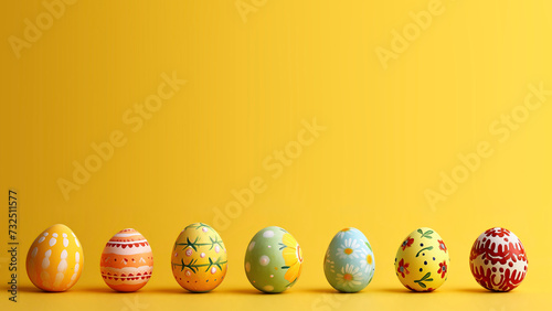 A row of colouful painted Easter eggs against  ayellow background. Easter / spring theme with copy space for text photo