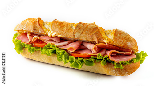Freshly made sub sandwich / baguette filled with ham cheese lettuce and tomatoes cut out and isolated on a white background