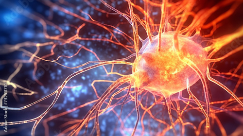 Close up of human brain showing neurons firing and neural extensions, a detailed and colorful digital rendering of a neuron with extended axons and dendrites
