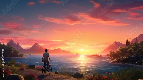 Amidst a virtual sunset, the racing bicycle cruises along a digital shoreline, blending speed with serene surroundings in a picturesque world.