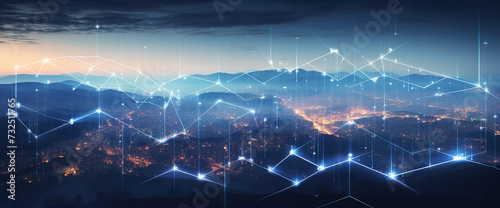 A cityscape at night with glowing, interconnected lines representing a network or data connections, digital city landscape