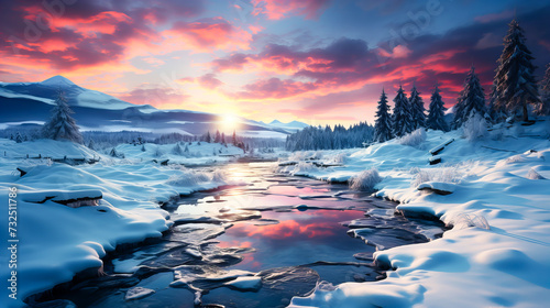 Fantastic winter landscape with snow covered trees. Colorful sunset over mountain river. Generative AI technology.