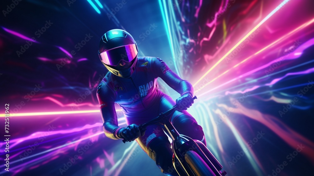 Naklejka premium An intense moment capturing the speed and agility of a futuristic bicycle racer on a neon-lit racing track.