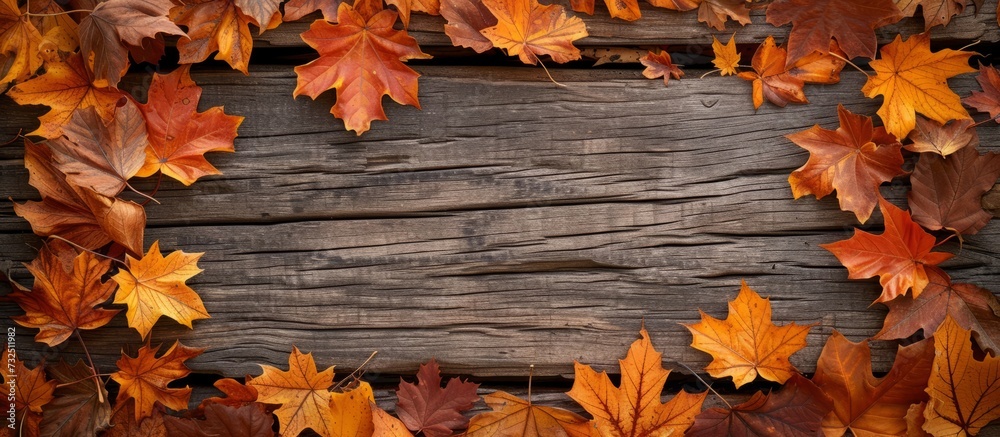 Obraz premium Amber plant leaves, orange and deciduous, rest on a wooden table against a natural landscape with wooden background.