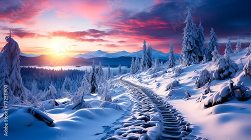 Fantastic winter landscape with snow covered trees. Colorful sunset over mountain river. Generative AI technology.