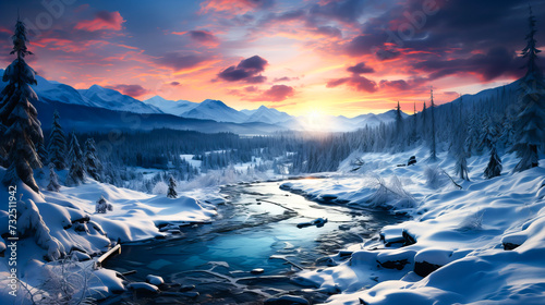 Fantastic winter landscape with snow covered trees. Colorful sunset over mountain river. Generative AI technology.