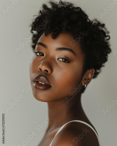 Brazilian woman with curly short hair and bare shoulders againest grey background