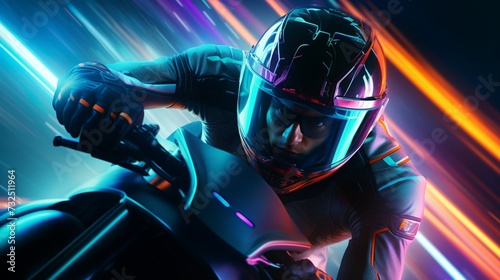 An intense moment capturing the speed and agility of a futuristic bicycle racer on a neon-lit racing track. © shahar