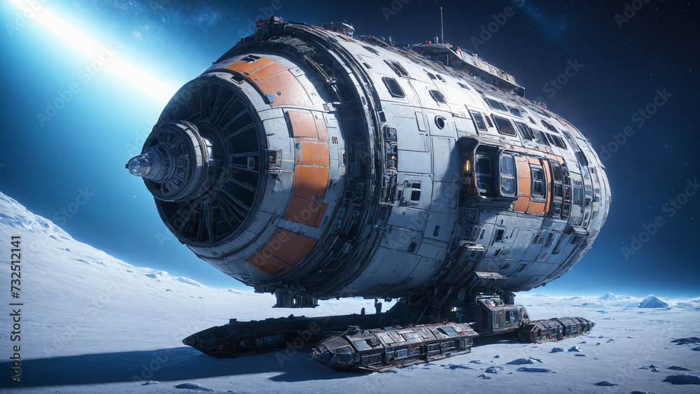 an alien spaceship sits on the surface of the moon