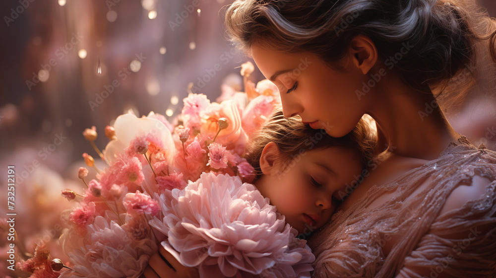 tender hugs of mother and daughter on Mother's Day, surrounded by flowers