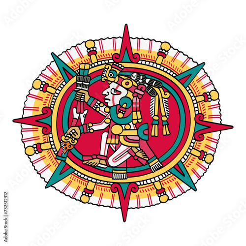 Tonatiuh, Aztec sun god, known as Nahui Ollin, The Fifth Sun, depicted in the center of a solar disc. Should mankind fail, the sun will go black, and the world will end due to terrible catastrophes.