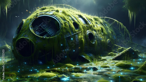 Derelict Spaceship Submerged in Alien Swamp with Luminescent Life and Forgotten Civilization Remnants