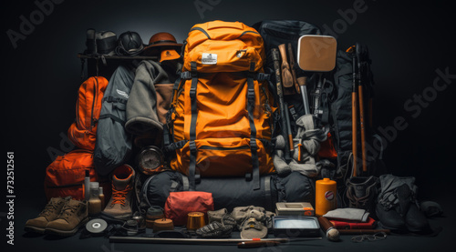 Orange backpack flat lay of various technologies with climbing equipment arranged on black background