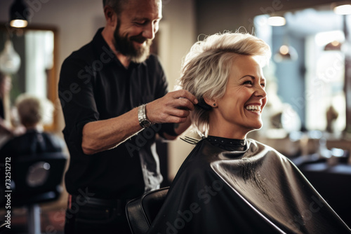 Young female hairdresser fixing hair of gorgeous smiling woman with hairspray. Hairdress and beauty concept