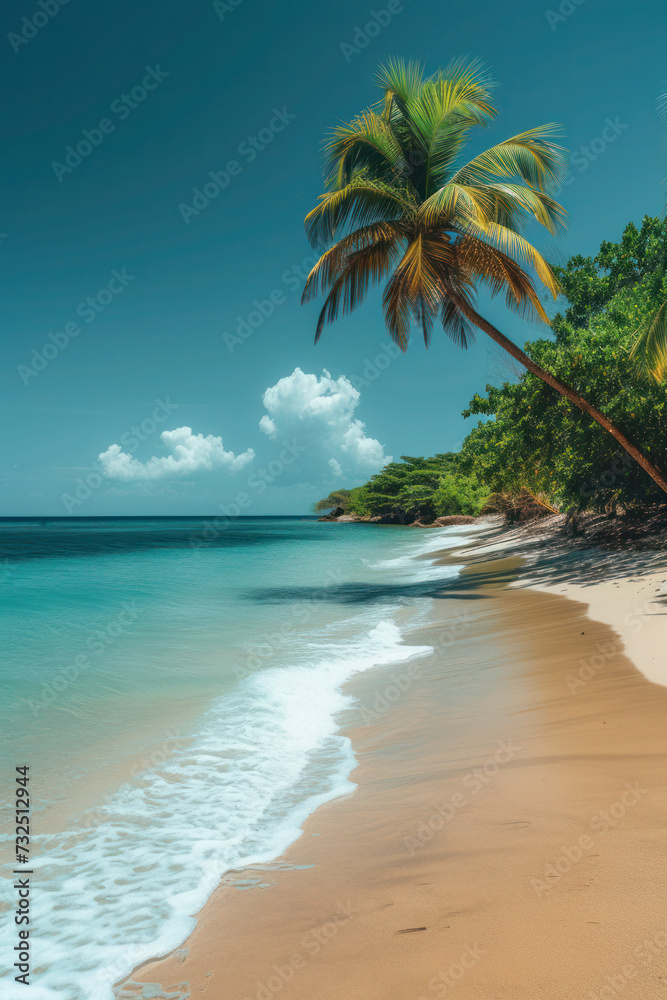 Tropical beach with palm trees, coconut trees, and a serene ocean under a clear blue sky, creating a picturesque paradise for a summer vacation
