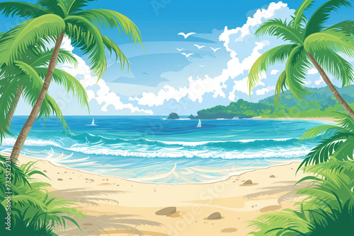 Beach with palm trees. Perfect vacation spot. Background illustration. Created with Generative AI technology © Artem