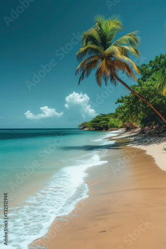 Tropical beach with palm trees, coconut trees, and a serene ocean under a clear blue sky, creating a picturesque paradise for a summer vacation © Jeeraphat