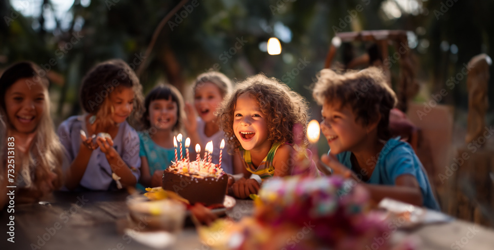group of people at party, child with birthday cake, a excitement of a child blowing out birthday candles surrounded by friends and family, with colorful decorations and genuine smiles photograph