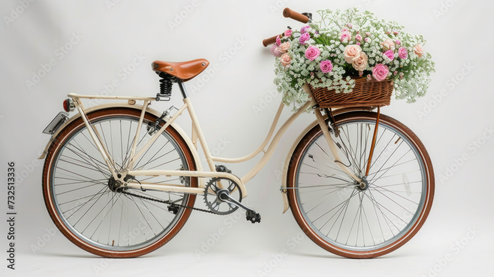Vintage Red Bicycle Adorned with Flowers, Isolated on White Background – Retro Cycling Illustration