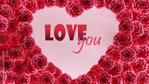 Love you text isolated pink heart rose frame 8k illustration.