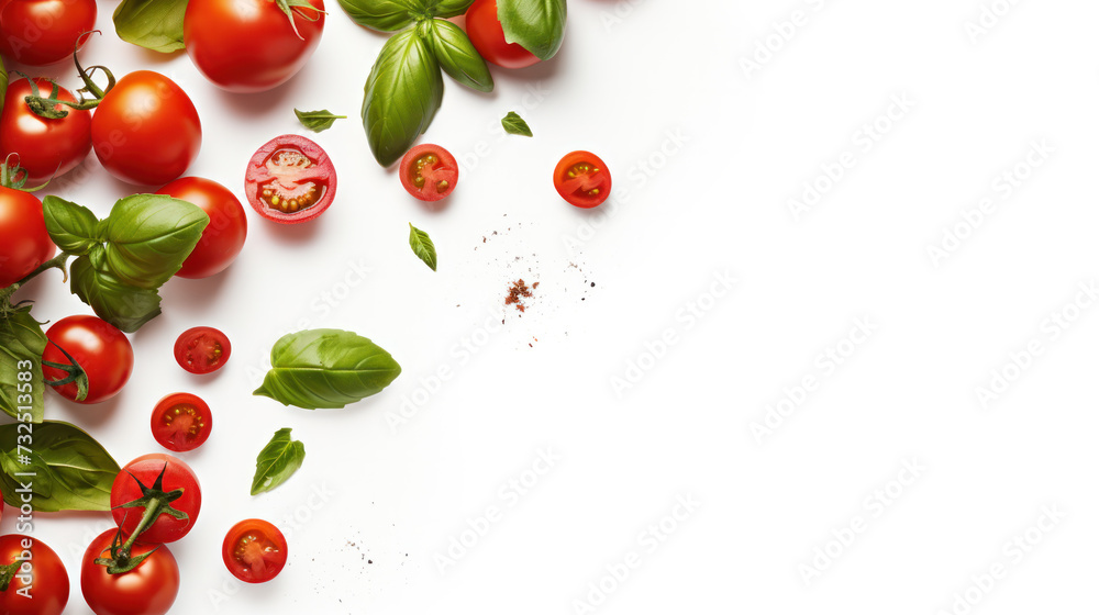 fresh tomato, herbs and spices isolated on white background, top view fresh tomato, herbs and spices isolated on white background, top view