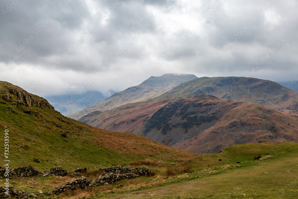 A view of mountains in the Lake District on an overcast April day