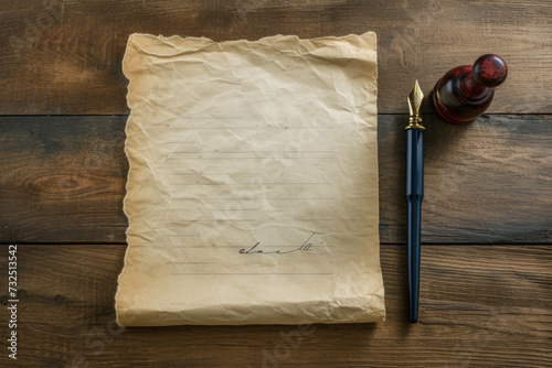 Worn Vintage Paper, Wax Seal, and Pen on Wooden Table with Grunge Texture