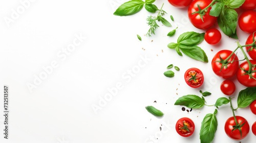 fresh tomato, herbs and spices isolated on white background, top view