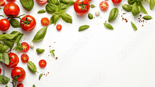 fresh tomato, herbs and spices isolated on white background, top view